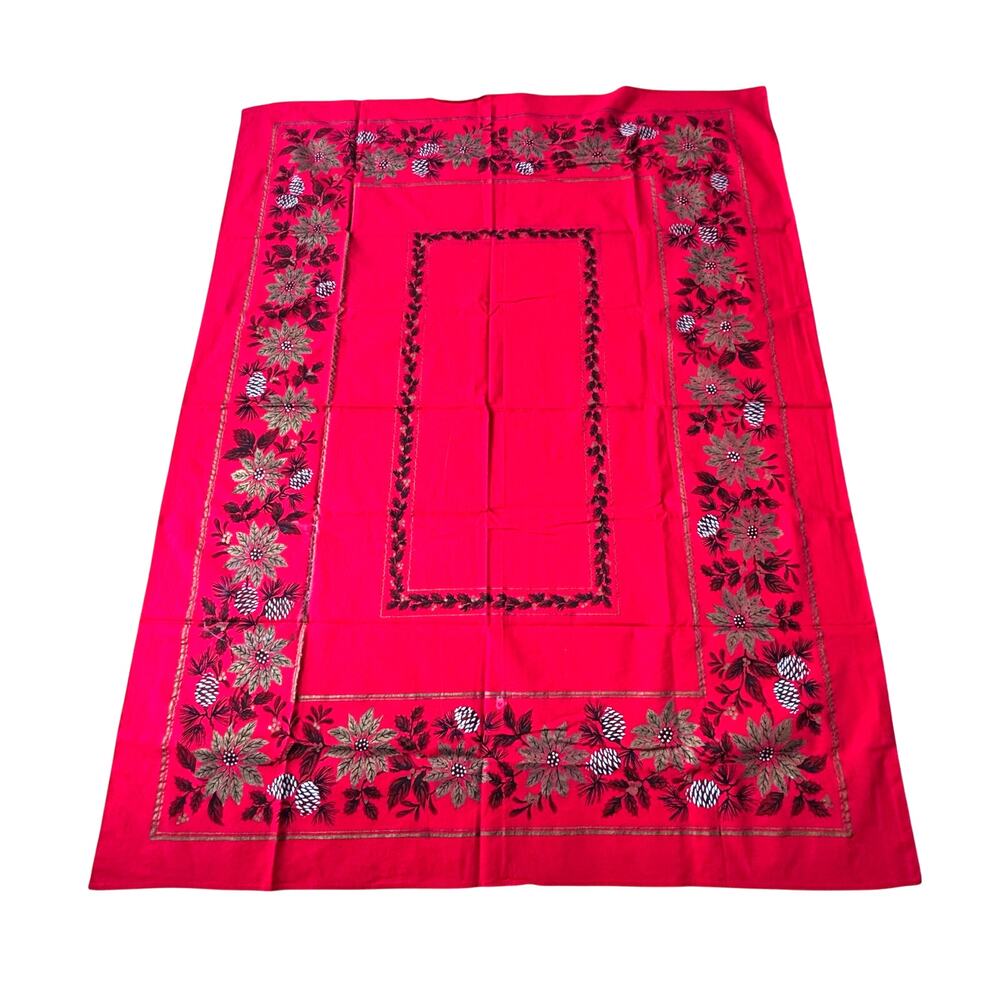 Vintage Christmas Holiday Tablecloth red with gold leaves & silver pinecones